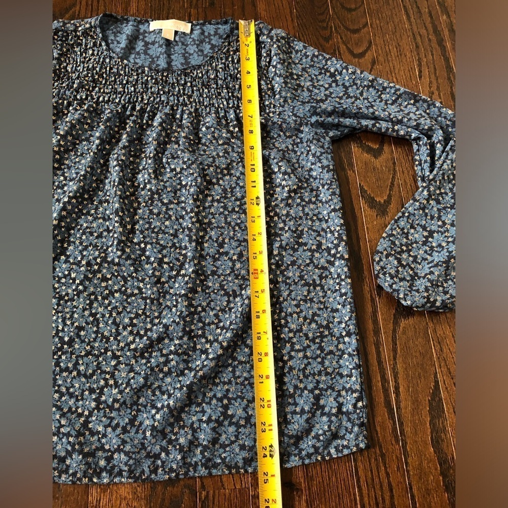 Michael Kors Women’s S Blue Smocked Semi-Sheer Gold Leaves Long-Sleeved Blouse - Picture 8 of 11